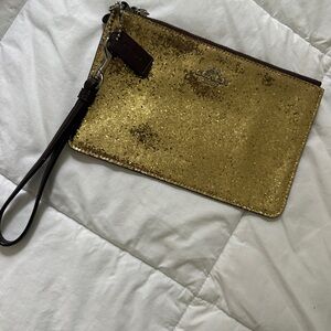 Coach Gold Glitter Wristlet Clutch with Dark Brown Strap